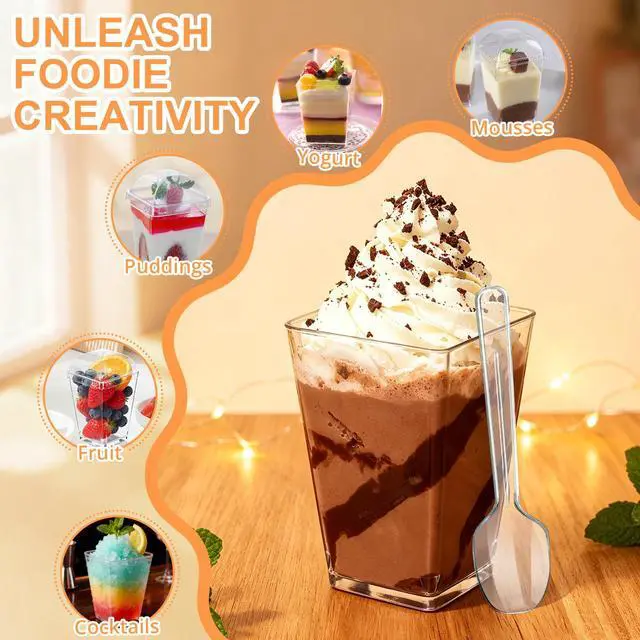 Alt view image 4 of 7 - 5oz Plastic Dessert Cups with Lids and Spoons, Clear, 20 Pack | Small Yogurt Parfait Cups with Lids, Mini Dessert Shooter Cups, Square Party Appetizer Cups, Fruit, Pudding, Trifle Ice Cream