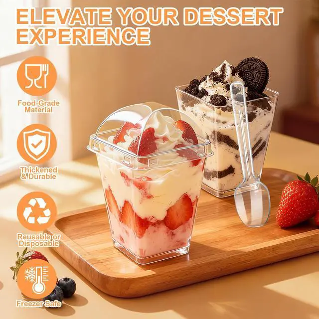 Alt view image 3 of 7 - 5oz Plastic Dessert Cups with Lids and Spoons, Clear, 20 Pack | Small Yogurt Parfait Cups with Lids, Mini Dessert Shooter Cups, Square Party Appetizer Cups, Fruit, Pudding, Trifle Ice Cream