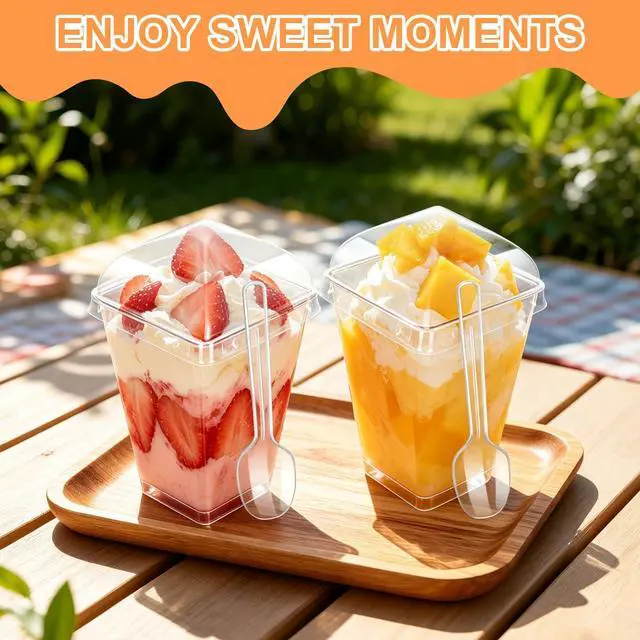 Alt view image 5 of 7 - 5oz Plastic Dessert Cups with Lids and Spoons, Clear, 20 Pack | Small Yogurt Parfait Cups with Lids, Mini Dessert Shooter Cups, Square Party Appetizer Cups, Fruit, Pudding, Trifle Ice Cream