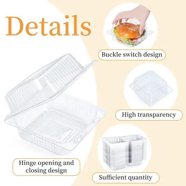 Alt view image 4 of 6 - 50 Count Heavy Duty Clear Clamshell Food Containers Hinged with Lids | Disposable Plastic Sandwich Containers, Clam Shell Boxes for Cake Slice, Dessert, Hamburger, Salad, Pastry, Takeout Tray