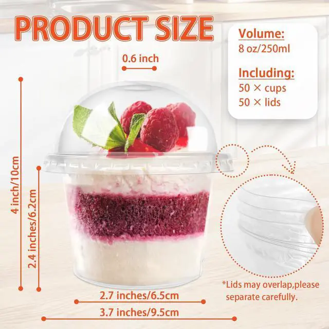Alt view image 2 of 7 - 50 Pcs 8 OZ Disposable Plastic Cups with Dome Lids, Clear Dessert Cup, Mini Parfait Appetizer Containers for Ice Cream, Cake, Fruit, Pudding, Jello Shot, Drink, Yogurt, Soups, Salad, Snacks