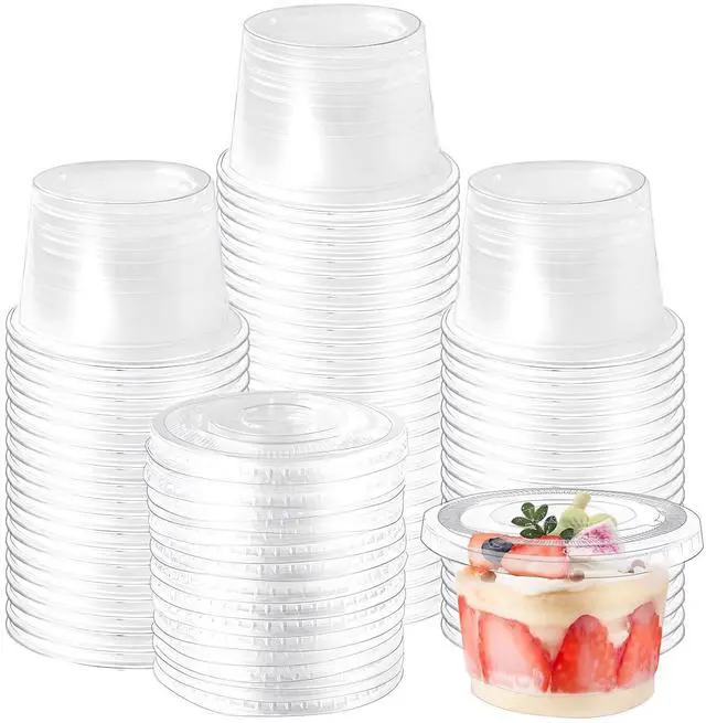 Main image of 100 Pack 8 OZ Disposable Plastic Cups with Flat Lids,Clear Dessert Cups Plastic Containers,Mini Plastic Containers for Drink,Yogurt,Parfaits,Soups,Snacks,Salad,Fruit, 3.5 x 2.5 x 2.5 Inch