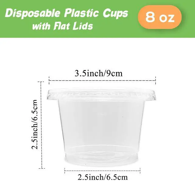 Alt view image 2 of 7 - 100 Pack 8 OZ Disposable Plastic Cups with Flat Lids,Clear Dessert Cups Plastic Containers,Mini Plastic Containers for Drink,Yogurt,Parfaits,Soups,Snacks,Salad,Fruit, 3.5 x 2.5 x 2.5 Inch