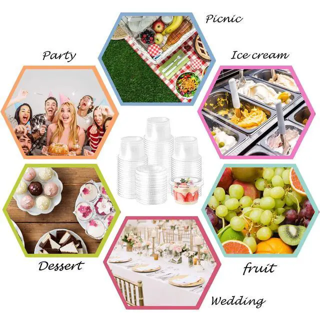 Alt view image 7 of 7 - 100 Pack 8 OZ Disposable Plastic Cups with Flat Lids,Clear Dessert Cups Plastic Containers,Mini Plastic Containers for Drink,Yogurt,Parfaits,Soups,Snacks,Salad,Fruit, 3.5 x 2.5 x 2.5 Inch