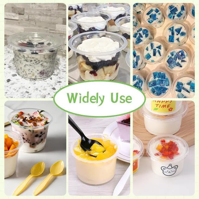 Alt view image 5 of 7 - 100 Pack 8 OZ Disposable Plastic Cups with Flat Lids,Clear Dessert Cups Plastic Containers,Mini Plastic Containers for Drink,Yogurt,Parfaits,Soups,Snacks,Salad,Fruit, 3.5 x 2.5 x 2.5 Inch