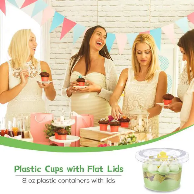 Alt view image 6 of 7 - 100 Pack 8 OZ Disposable Plastic Cups with Flat Lids,Clear Dessert Cups Plastic Containers,Mini Plastic Containers for Drink,Yogurt,Parfaits,Soups,Snacks,Salad,Fruit, 3.5 x 2.5 x 2.5 Inch