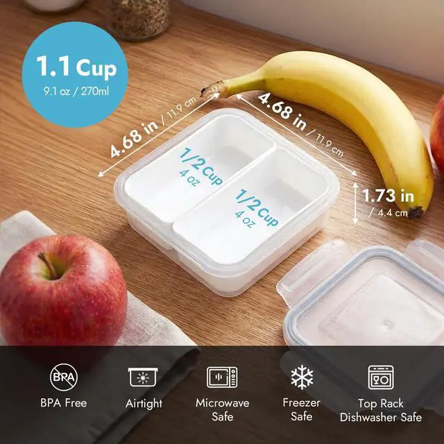 Alt view image 5 of 7 - 2 Compartment Small Snack Containers, 1.1 cup - 2 Pack | Mini Snack Containers for Mini Fridge, Removable Compartments, Airtight Lids, Reusable, BPA Free