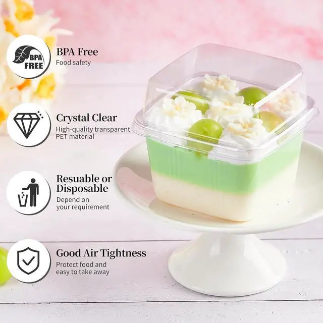 Alt view image 3 of 7 - 50 Pack 8 oz Plastic Dessert Cups with Lids and Sporks | Square Cake Cups, Clear Parfait Cups, To Go Food Containers, For Pudding Fruit Mousse Yogurt and Shortcake