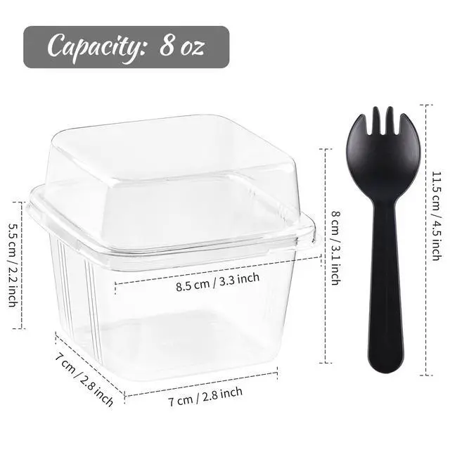 Alt view image 2 of 7 - 50 Pack 8 oz Plastic Dessert Cups with Lids and Sporks | Square Cake Cups, Clear Parfait Cups, To Go Food Containers, For Pudding Fruit Mousse Yogurt and Shortcake