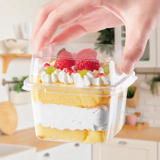 Alt view image 5 of 7 - 50 Pack 8 oz Plastic Dessert Cups with Lids and Sporks | Square Cake Cups, Clear Parfait Cups, To Go Food Containers, For Pudding Fruit Mousse Yogurt and Shortcake