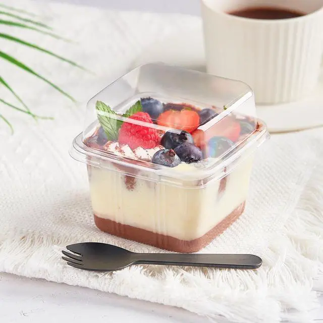 Alt view image 6 of 7 - 50 Pack 8 oz Plastic Dessert Cups with Lids and Sporks | Square Cake Cups, Clear Parfait Cups, To Go Food Containers, For Pudding Fruit Mousse Yogurt and Shortcake