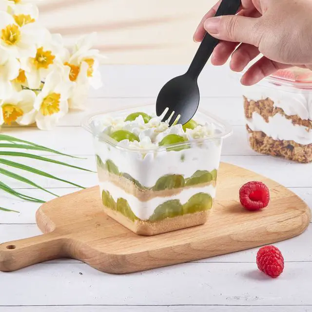 Alt view image 4 of 7 - 50 Pack 8 oz Plastic Dessert Cups with Lids and Sporks | Square Cake Cups, Clear Parfait Cups, To Go Food Containers, For Pudding Fruit Mousse Yogurt and Shortcake