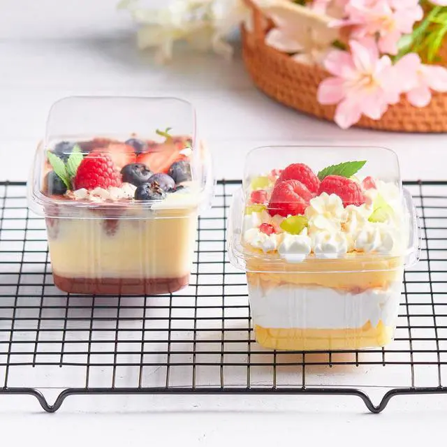 Alt view image 7 of 7 - 50 Pack 8 oz Plastic Dessert Cups with Lids and Sporks | Square Cake Cups, Clear Parfait Cups, To Go Food Containers, For Pudding Fruit Mousse Yogurt and Shortcake