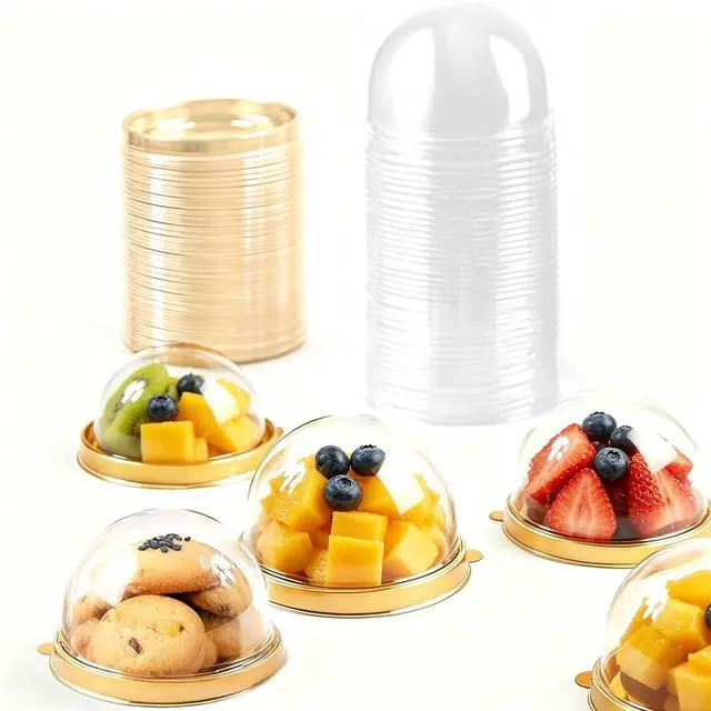 Alt view image 7 of 7 - 50 piece set with lid mini dessert dome, gold flange container, independent mini cupcake box, transparent plastic mini dessert dome, pastries, fruits