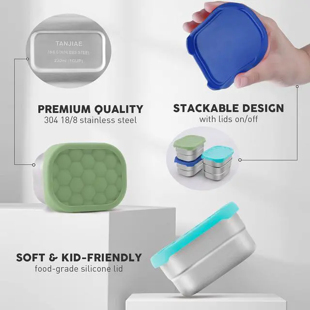 Alt view image 3 of 7 - Small (1 CUP) Stainless Steel Snack Containers for Kids | Easy Open Leak Proof Food Containers with Silicone Lids - Perfect Metal Toddler Lunch Box for Daycare and School (8oz)