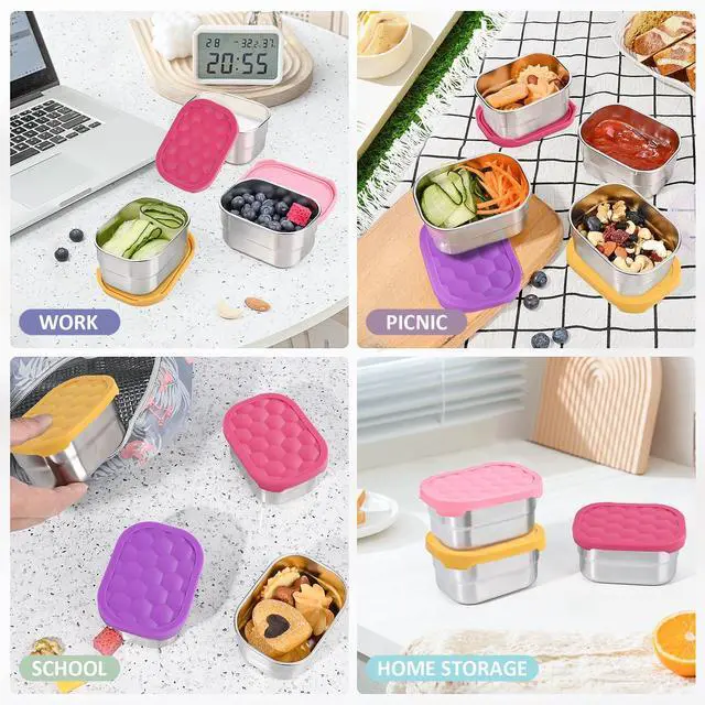 Alt view image 7 of 7 - 4Pack Small (1 CUP) 8oz Stainless Steel Snack Containers for Kids | Reusable Easy Open Toddler Snack Containers with Silicone Lids | Stackable Toddler Lunch Box for Daycare, School and Travel
