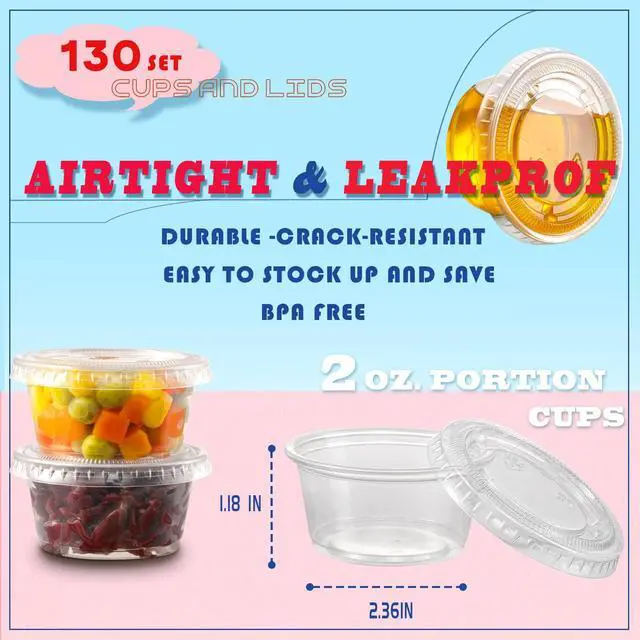 Alt view image 2 of 7 - 130 sets - 2 oz Jello Shot Cups, Small Plastic Containers with Lids, Airtight and Stackable Portion Cups, Salad Dressing Container, Dipping Sauce Cups, Condiment Cups