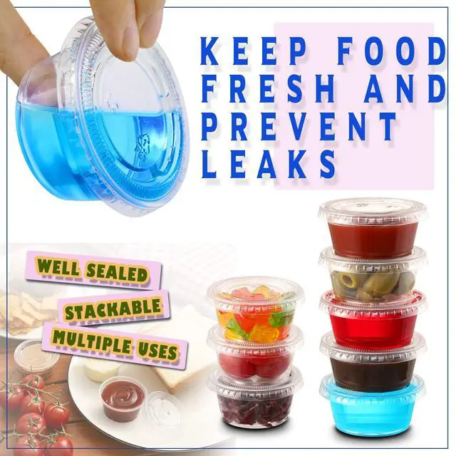 Alt view image 3 of 7 - 130 sets - 2 oz Jello Shot Cups, Small Plastic Containers with Lids, Airtight and Stackable Portion Cups, Salad Dressing Container, Dipping Sauce Cups, Condiment Cups