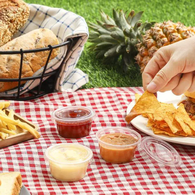 Alt view image 6 of 7 - 130 sets - 2 oz Jello Shot Cups, Small Plastic Containers with Lids, Airtight and Stackable Portion Cups, Salad Dressing Container, Dipping Sauce Cups, Condiment Cups