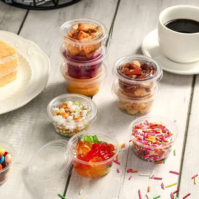 Alt view image 7 of 7 - 130 sets - 2 oz Jello Shot Cups, Small Plastic Containers with Lids, Airtight and Stackable Portion Cups, Salad Dressing Container, Dipping Sauce Cups, Condiment Cups