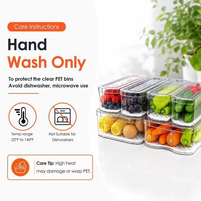 Alt view image 2 of 7 - 6 Pack Clear Fridge Organizer Bins with Drain Trays - Stackable | BPA-Free PET, 6 Pack: 6 lidded Bins (Not drawer), Helps Keep Produce Fresh, 14L Capacity, Hand Wash Only