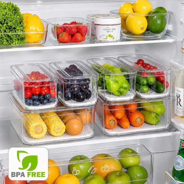 Alt view image 3 of 7 - 6 Pack Clear Fridge Organizer Bins with Drain Trays - Stackable | BPA-Free PET, 6 Pack: 6 lidded Bins (Not drawer), Helps Keep Produce Fresh, 14L Capacity, Hand Wash Only