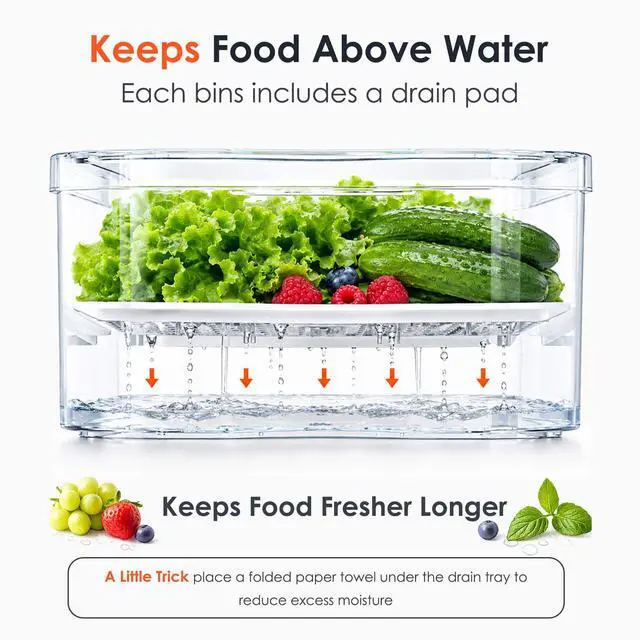Alt view image 4 of 7 - 6 Pack Clear Fridge Organizer Bins with Drain Trays - Stackable | BPA-Free PET, 6 Pack: 6 lidded Bins (Not drawer), Helps Keep Produce Fresh, 14L Capacity, Hand Wash Only
