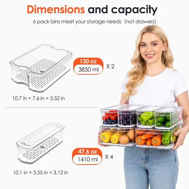 Alt view image 6 of 7 - 6 Pack Clear Fridge Organizer Bins with Drain Trays - Stackable | BPA-Free PET, 6 Pack: 6 lidded Bins (Not drawer), Helps Keep Produce Fresh, 14L Capacity, Hand Wash Only