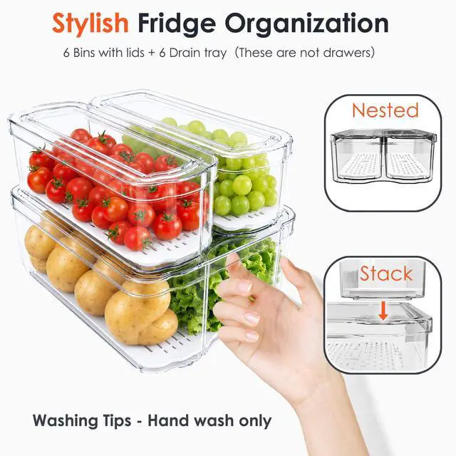 Alt view image 7 of 7 - 6 Pack Clear Fridge Organizer Bins with Drain Trays - Stackable | BPA-Free PET, 6 Pack: 6 lidded Bins (Not drawer), Helps Keep Produce Fresh, 14L Capacity, Hand Wash Only