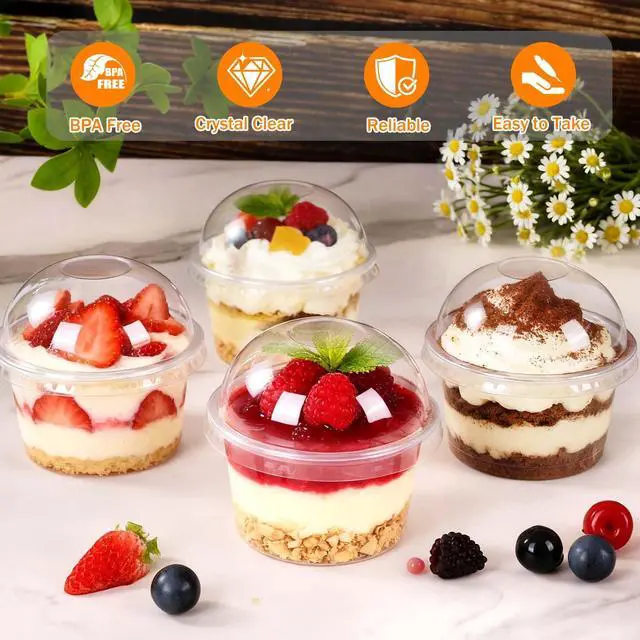 Alt view image 2 of 7 - 50 Packs Dessert Cups with Lids, 8 OZ Disposable Plastic Cups with Dome Lids and Fork,Clear Desert Cup Mini Party Serving Container for Parfait Fruit Pudding Jello Ice Cream Drink Yogurt Cake