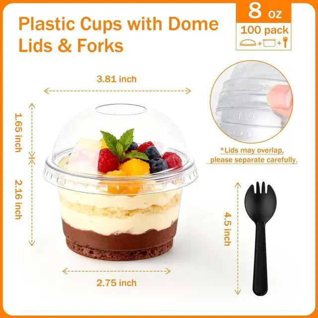 Alt view image 3 of 7 - 50 Packs Dessert Cups with Lids, 8 OZ Disposable Plastic Cups with Dome Lids and Fork,Clear Desert Cup Mini Party Serving Container for Parfait Fruit Pudding Jello Ice Cream Drink Yogurt Cake