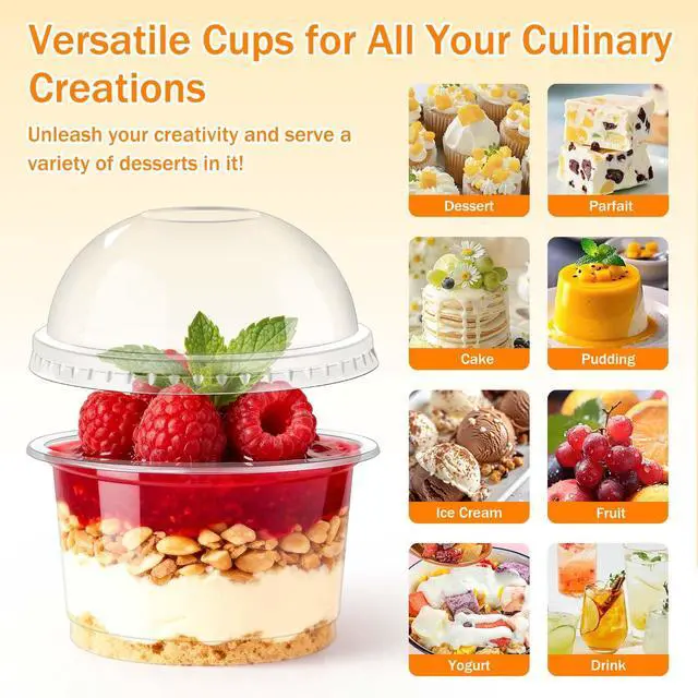 Alt view image 5 of 7 - 50 Packs Dessert Cups with Lids, 8 OZ Disposable Plastic Cups with Dome Lids and Fork,Clear Desert Cup Mini Party Serving Container for Parfait Fruit Pudding Jello Ice Cream Drink Yogurt Cake