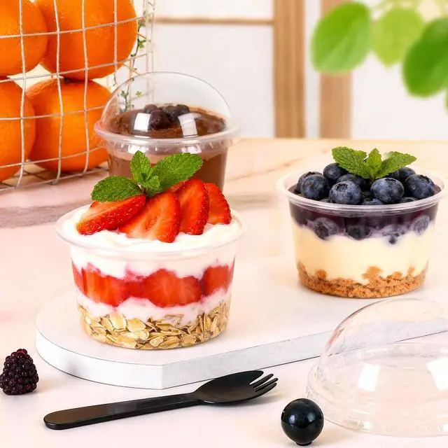 Alt view image 7 of 7 - 50 Packs Dessert Cups with Lids, 8 OZ Disposable Plastic Cups with Dome Lids and Fork,Clear Desert Cup Mini Party Serving Container for Parfait Fruit Pudding Jello Ice Cream Drink Yogurt Cake