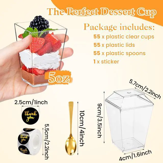 Alt view image 2 of 6 - 165 Pcs 5oz Clear Plastic Dessert Cups with Lids & Spoons BPA-Free Mini Parfait & Pudding Cups, Disposable or Reusable Appetizer Containers