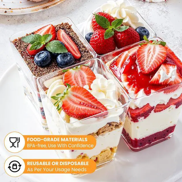 Alt view image 3 of 6 - 165 Pcs 5oz Clear Plastic Dessert Cups with Lids & Spoons BPA-Free Mini Parfait & Pudding Cups, Disposable or Reusable Appetizer Containers