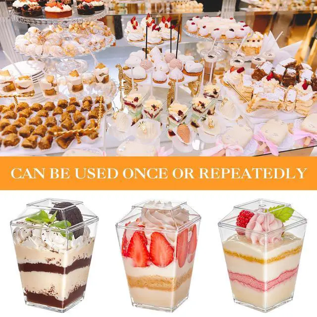 Alt view image 6 of 6 - 165 Pcs 5oz Clear Plastic Dessert Cups with Lids & Spoons BPA-Free Mini Parfait & Pudding Cups, Disposable or Reusable Appetizer Containers
