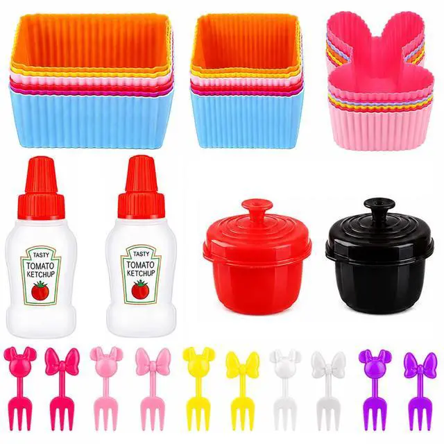 Main image of 32 Pieces Bento Box Accessories Set, Silicone Lunch Box Dividers Mini Ketchup Bottle Salad Dressing Container and Fruit Picks, Cupcake Baking Cups Liners