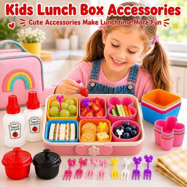 Alt view image 3 of 7 - 32 Pieces Bento Box Accessories Set, Silicone Lunch Box Dividers Mini Ketchup Bottle Salad Dressing Container and Fruit Picks, Cupcake Baking Cups Liners