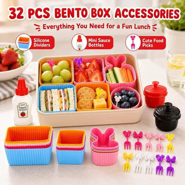 Alt view image 2 of 7 - 32 Pieces Bento Box Accessories Set, Silicone Lunch Box Dividers Mini Ketchup Bottle Salad Dressing Container and Fruit Picks, Cupcake Baking Cups Liners
