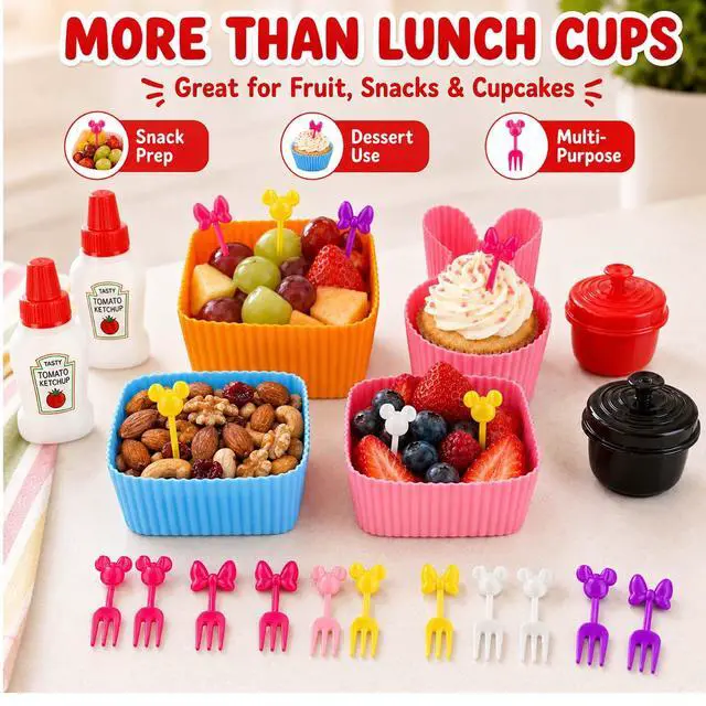 Alt view image 4 of 7 - 32 Pieces Bento Box Accessories Set, Silicone Lunch Box Dividers Mini Ketchup Bottle Salad Dressing Container and Fruit Picks, Cupcake Baking Cups Liners