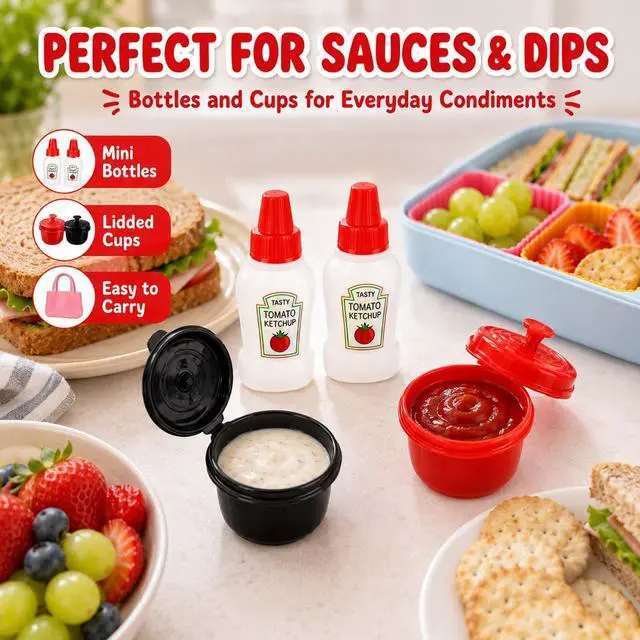 Alt view image 6 of 7 - 32 Pieces Bento Box Accessories Set, Silicone Lunch Box Dividers Mini Ketchup Bottle Salad Dressing Container and Fruit Picks, Cupcake Baking Cups Liners