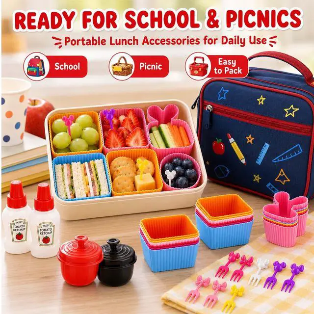 Alt view image 7 of 7 - 32 Pieces Bento Box Accessories Set, Silicone Lunch Box Dividers Mini Ketchup Bottle Salad Dressing Container and Fruit Picks, Cupcake Baking Cups Liners