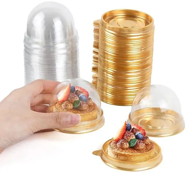 Main image of 50Pcs Clear Plastic Mini Cake Box with Dome Lids, Mini Muffin Container Box Mooncake Dome Box Pastry Baking Packaging Boxes Wedding Birthday Gifts Supplies (Gold Base)