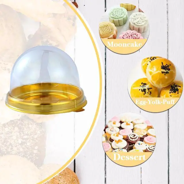 Alt view image 5 of 7 - 50Pcs Clear Plastic Mini Cake Box with Dome Lids, Mini Muffin Container Box Mooncake Dome Box Pastry Baking Packaging Boxes Wedding Birthday Gifts Supplies (Gold Base)