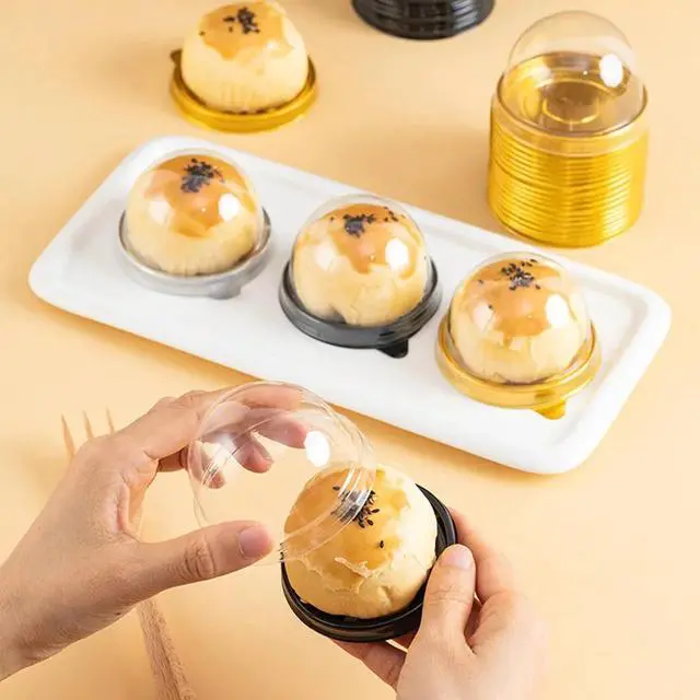 Alt view image 7 of 7 - 50Pcs Clear Plastic Mini Cake Box with Dome Lids, Mini Muffin Container Box Mooncake Dome Box Pastry Baking Packaging Boxes Wedding Birthday Gifts Supplies (Gold Base)