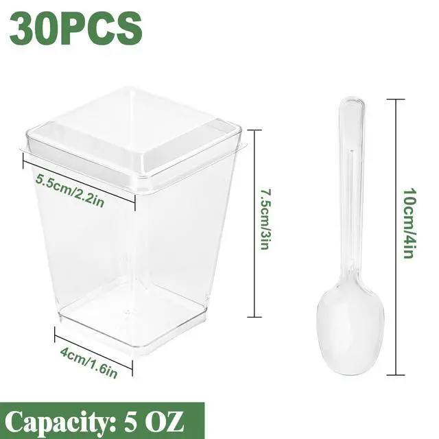 Alt view image 2 of 7 - 30 Pack 5oz Dessert Cups with Lids and Spoons,Mini Dessert Shooter Cups | Yogurt Parfait Cup with Lids,Square Appetizer Cups for Party,Plastic Dessert Containers for Fruit,Pudding,Trifle,Ice Cream