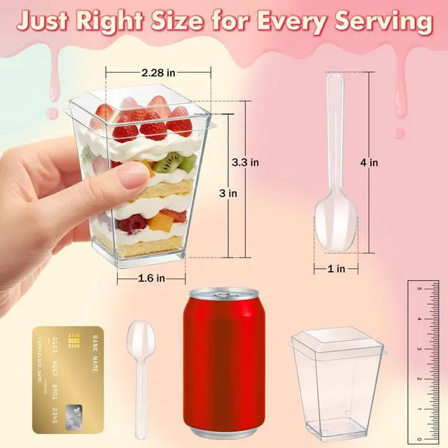 Alt view image 2 of 7 - 5oz Plastic Dessert Cups with Lids and Spoons, Clear Square 20 Pack | Small Yogurt Parfait Cups with Lids, Mini Dessert Shooter Cups with Spoons, Appetizer Cups for Party, Fruit Pudding Ice Cream