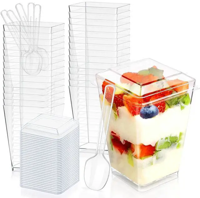 Main image of 5oz Plastic Dessert Cups with Lids and Spoons, Clear Square 20 Pack | Small Yogurt Parfait Cups with Lids, Mini Dessert Shooter Cups with Spoons, Appetizer Cups for Party, Fruit Pudding Ice Cream