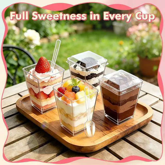 Alt view image 3 of 7 - 5oz Plastic Dessert Cups with Lids and Spoons, Clear Square 20 Pack | Small Yogurt Parfait Cups with Lids, Mini Dessert Shooter Cups with Spoons, Appetizer Cups for Party, Fruit Pudding Ice Cream