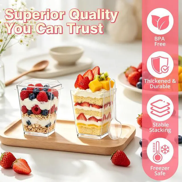 Alt view image 5 of 7 - 5oz Plastic Dessert Cups with Lids and Spoons, Clear Square 20 Pack | Small Yogurt Parfait Cups with Lids, Mini Dessert Shooter Cups with Spoons, Appetizer Cups for Party, Fruit Pudding Ice Cream
